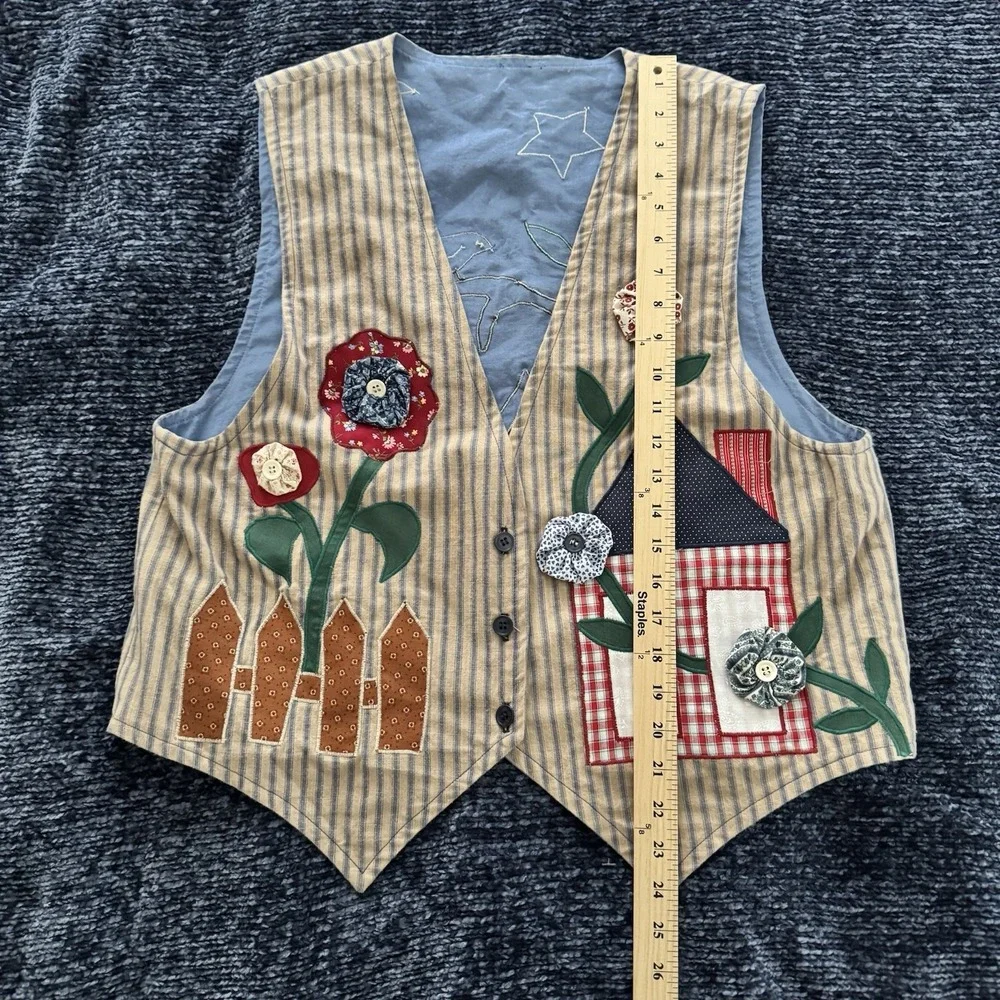 Vintage Birdhouse/Flowers Patchwork Button‎ Front Vest Country Cottagecore M/L - Picture 4 of 5